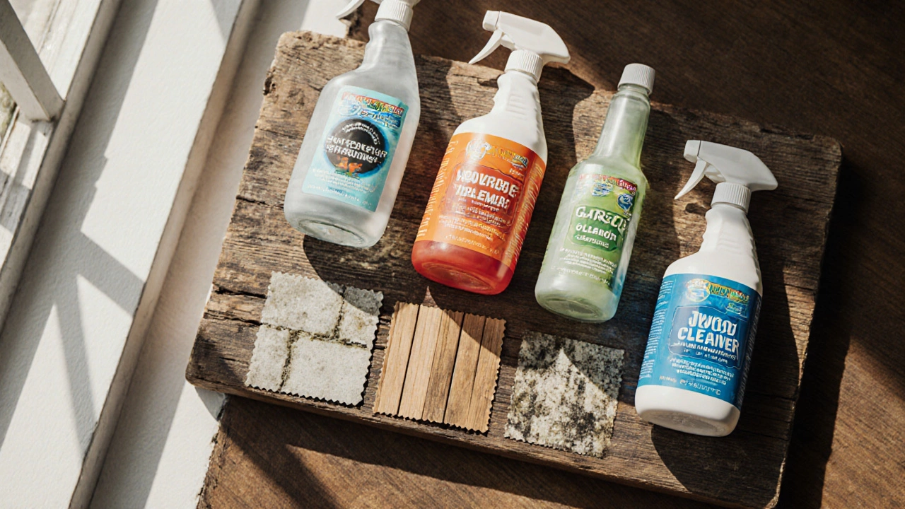 Assortment of spray bottles placed beside samples of painted wood, concrete, stone, and deck surfaces.