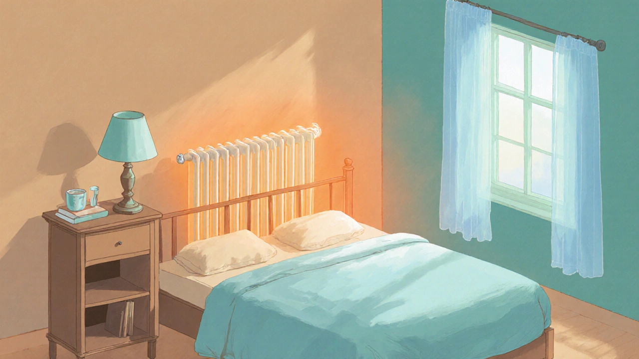 Bedroom layout showing a nightstand and warm radiator on the left side of the bed.