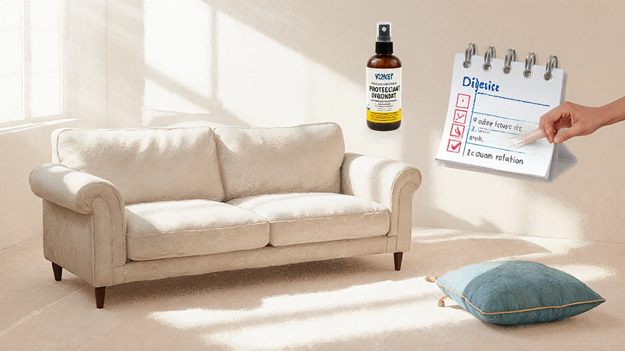 Bright lounge with a clean sofa and nearby upkeep kit and calendar.