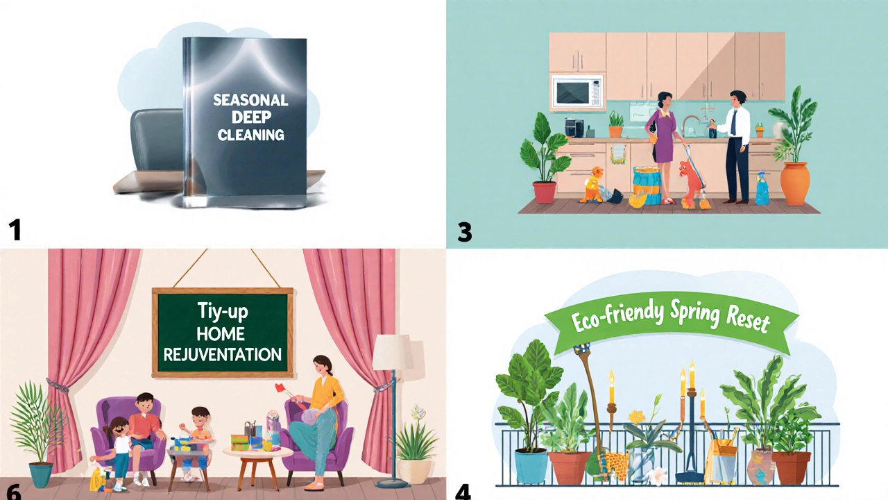 Collage of four scenes showing formal brochure, family kitchen, boutique lounge, and eco balcony representing cleaning synonyms.