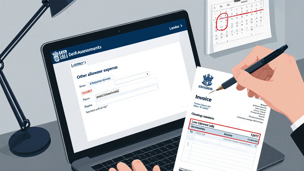 Desk with laptop showing HMRC portal, cleaning invoice, and calendar deadline.