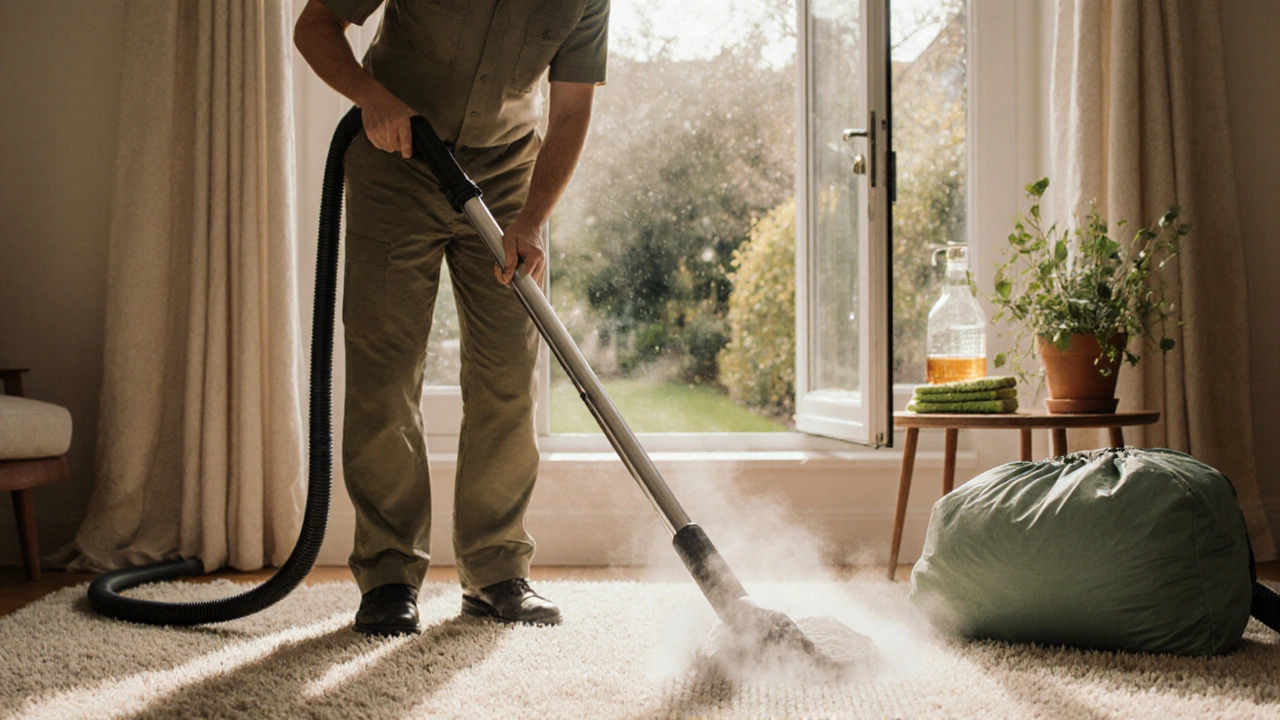 Eco-friendly deep cleaning scene with a professional crew steaming a carpet.
