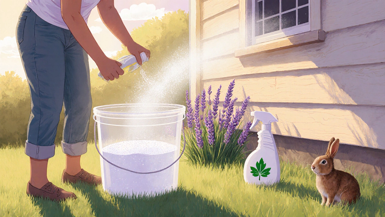 Eco‑friendly garden scene with DIY vinegar cleaning solution applied to a painted wood wall.