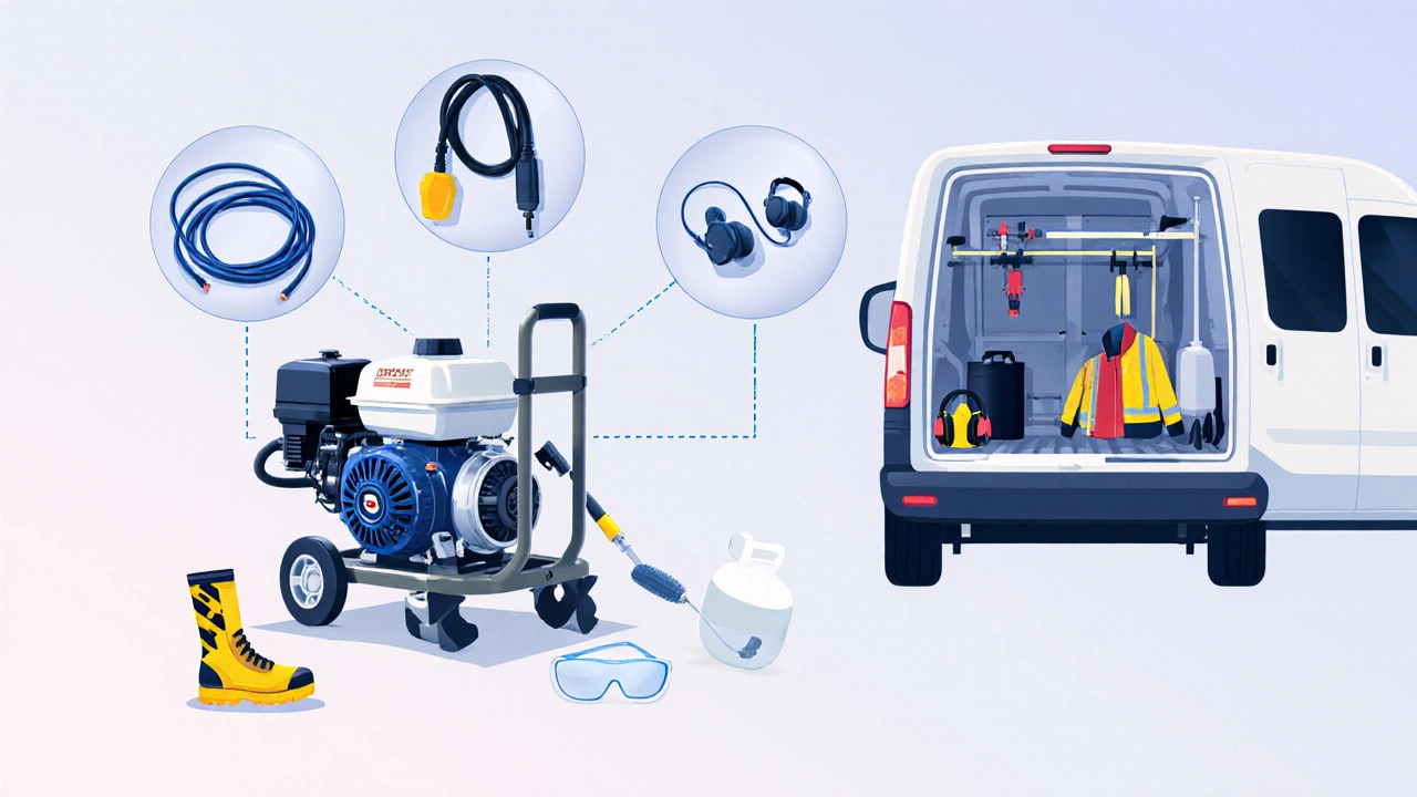 Flat‑design illustration of gas, electric, and diesel pressure washers with safety gear and van interior.