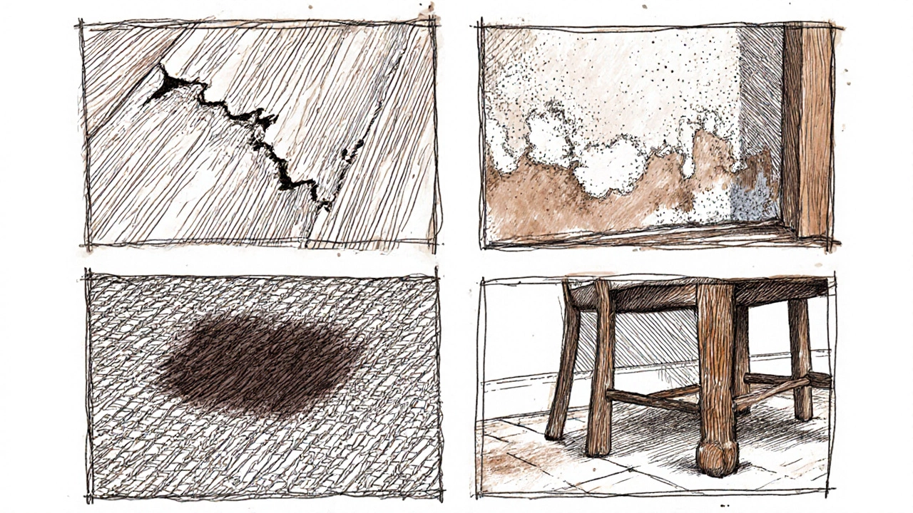 Four sketch panels showing deep floor gouge, peeling paint, stained carpet, and broken chair.