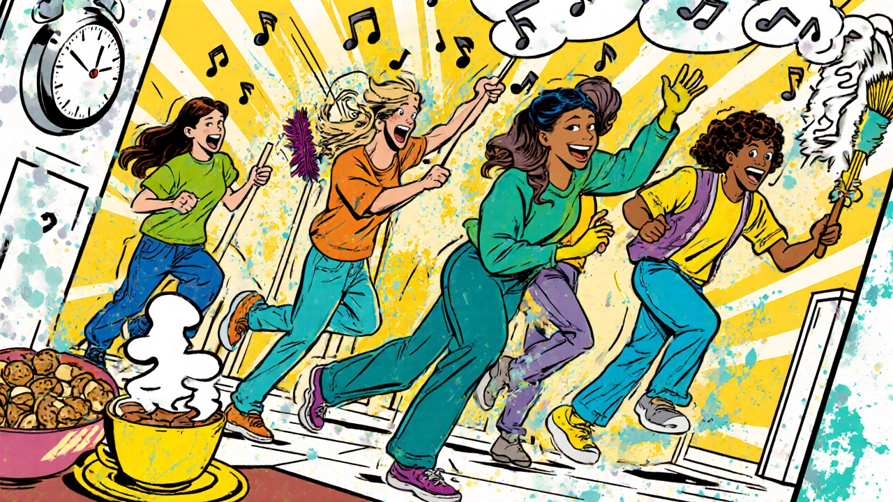 Friends having a lively spring‑cleaning party with music and timers.