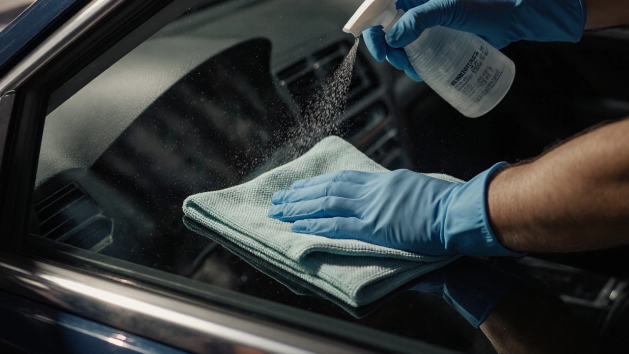 Gloved hands wipe a car interior window in an S‑pattern using a microfiber towel and spray bottle.
