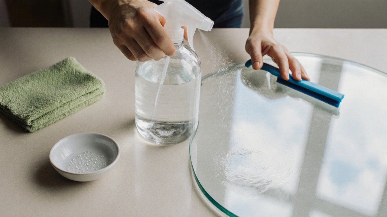 Hands mixing vinegar solution and using microfiber cloth and squeegee on a cloudy day.