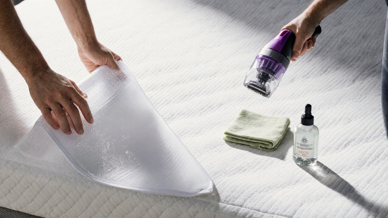 Hands rotating a mattress and cleaning the left side with a protector and vacuum.