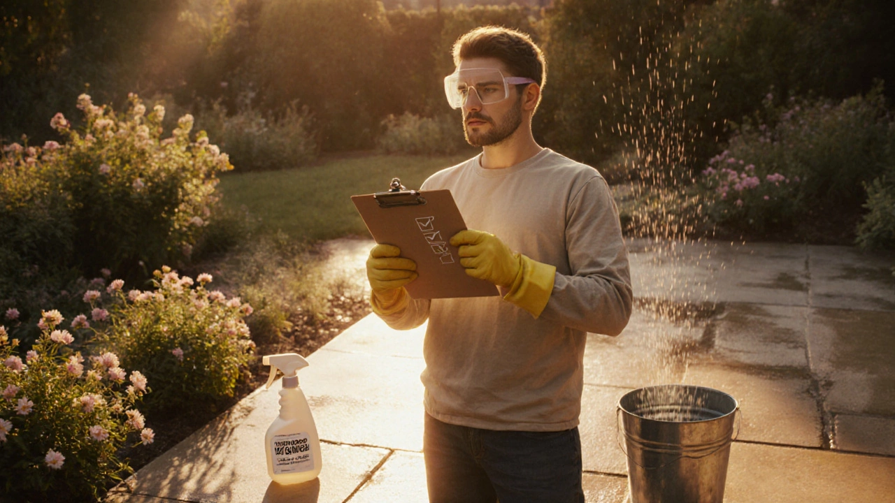 Homeowner in safety gear reviewing a checklist while rinsing a patio, with an eco‑friendly bottle and water bucket nearby.