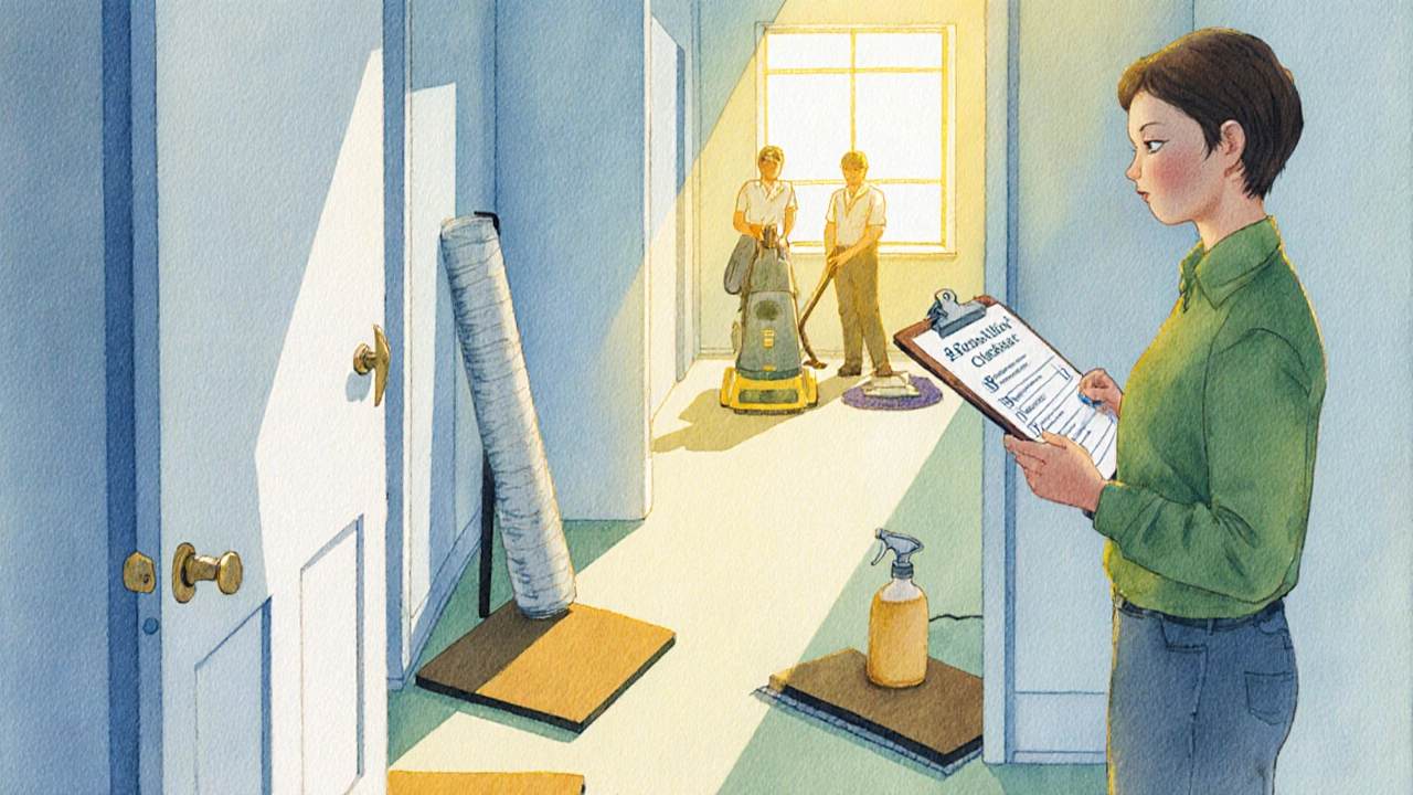 Homeowner with checklist, mats, felt pads, and cleaning crew preparing for move‑out inspection.