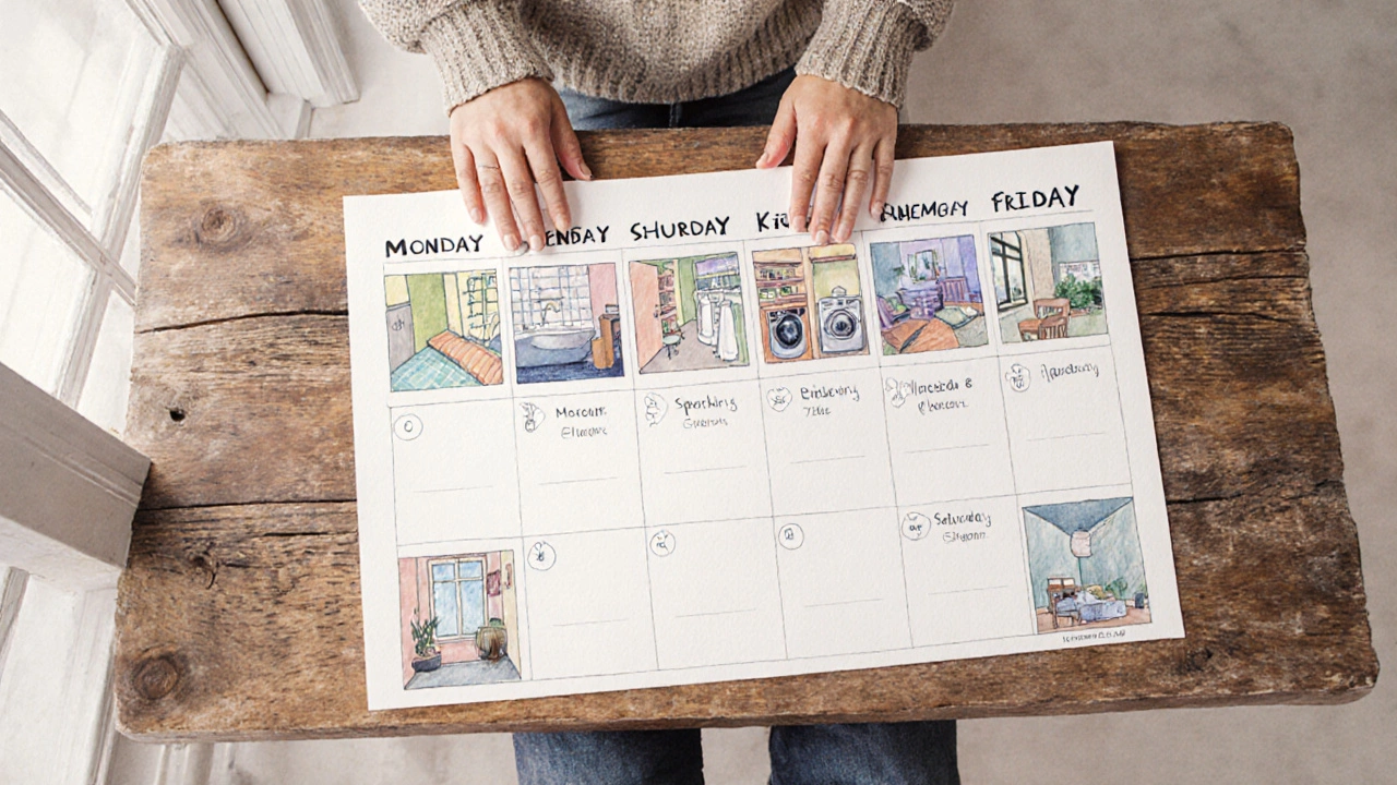 Illustrated weekly cleaning routine showing tasks in different rooms across the week.