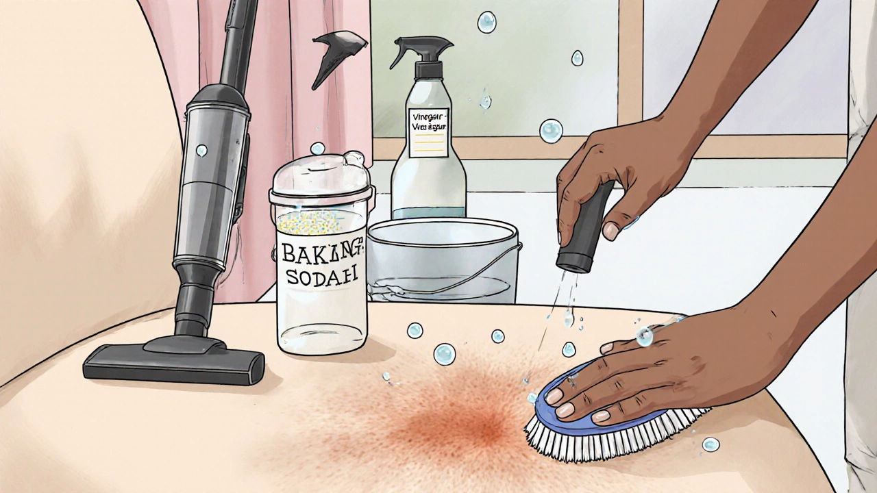 Illustration of cleaning tools and a brush working on a couch stain.