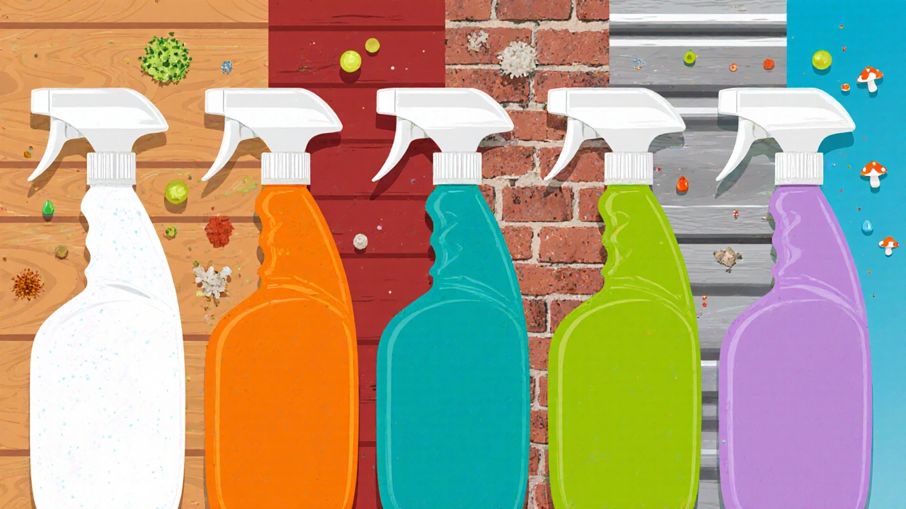 Illustration of five spray bottles with visual cues matching different cleaning chemicals to house materials.