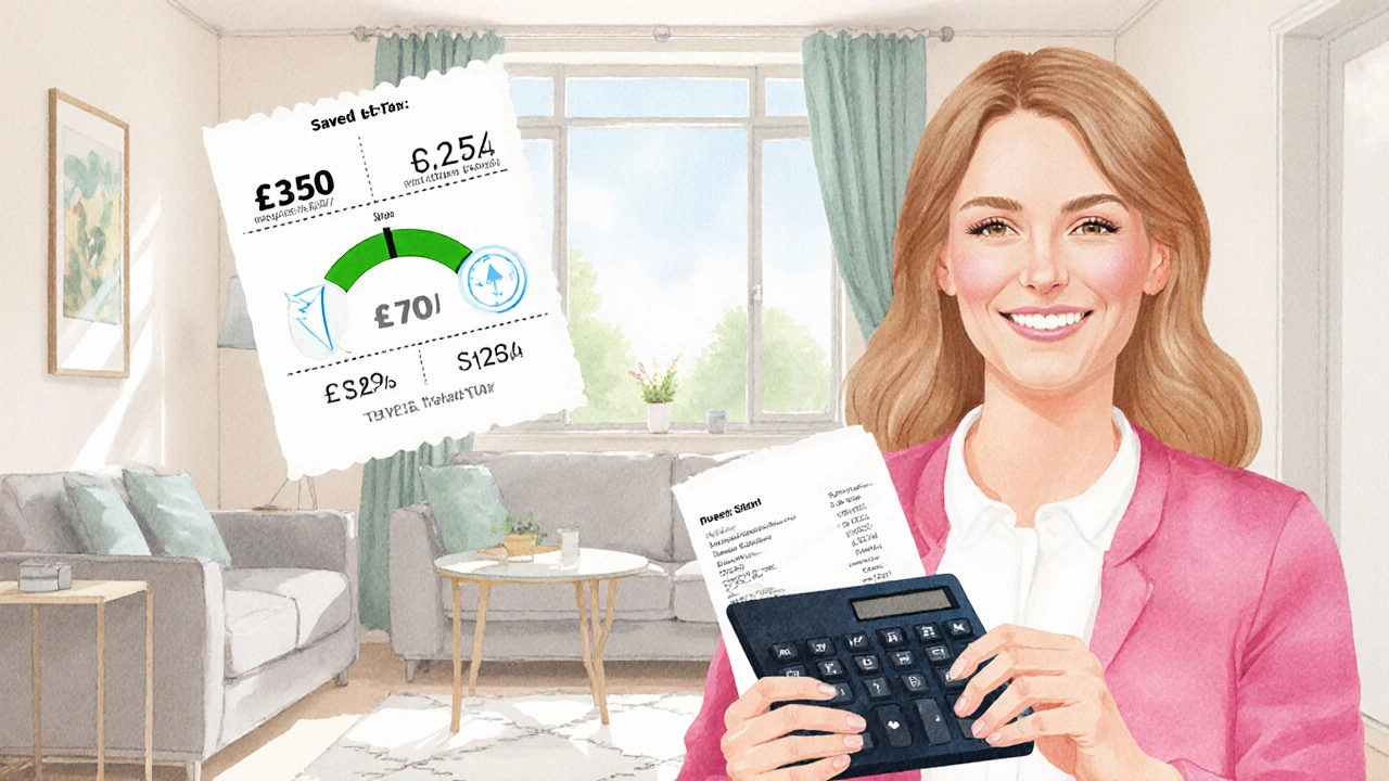 Landlord Jane holding a receipt and calculator beside a freshly cleaned flat.