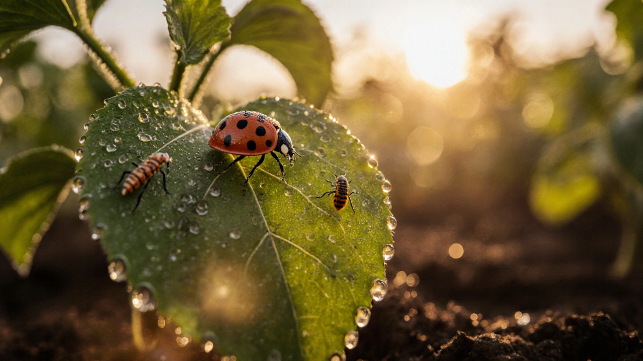 Macro view of a leaf with ladybug, lacewing, and soap droplets illustrating beneficial insects and eco‑friendly spray.