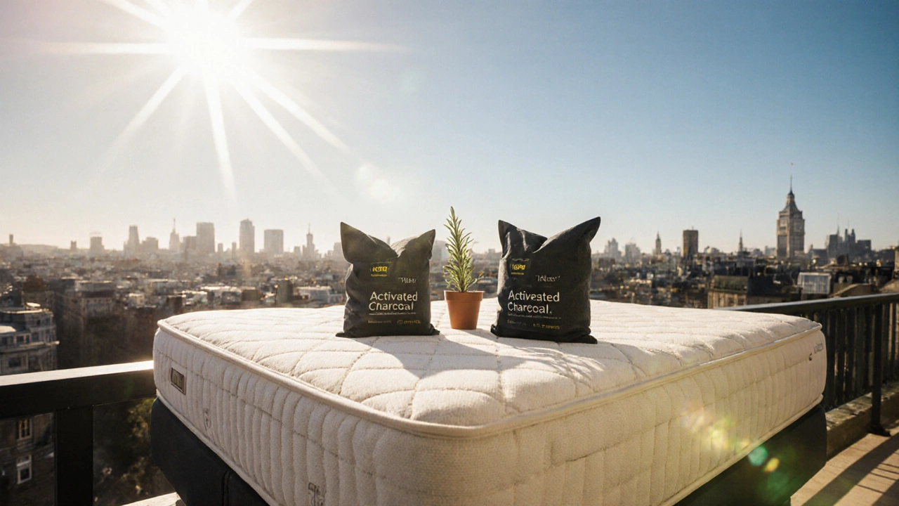 Mattress placed in sunlight on a balcony with charcoal bags and a potted plant nearby.