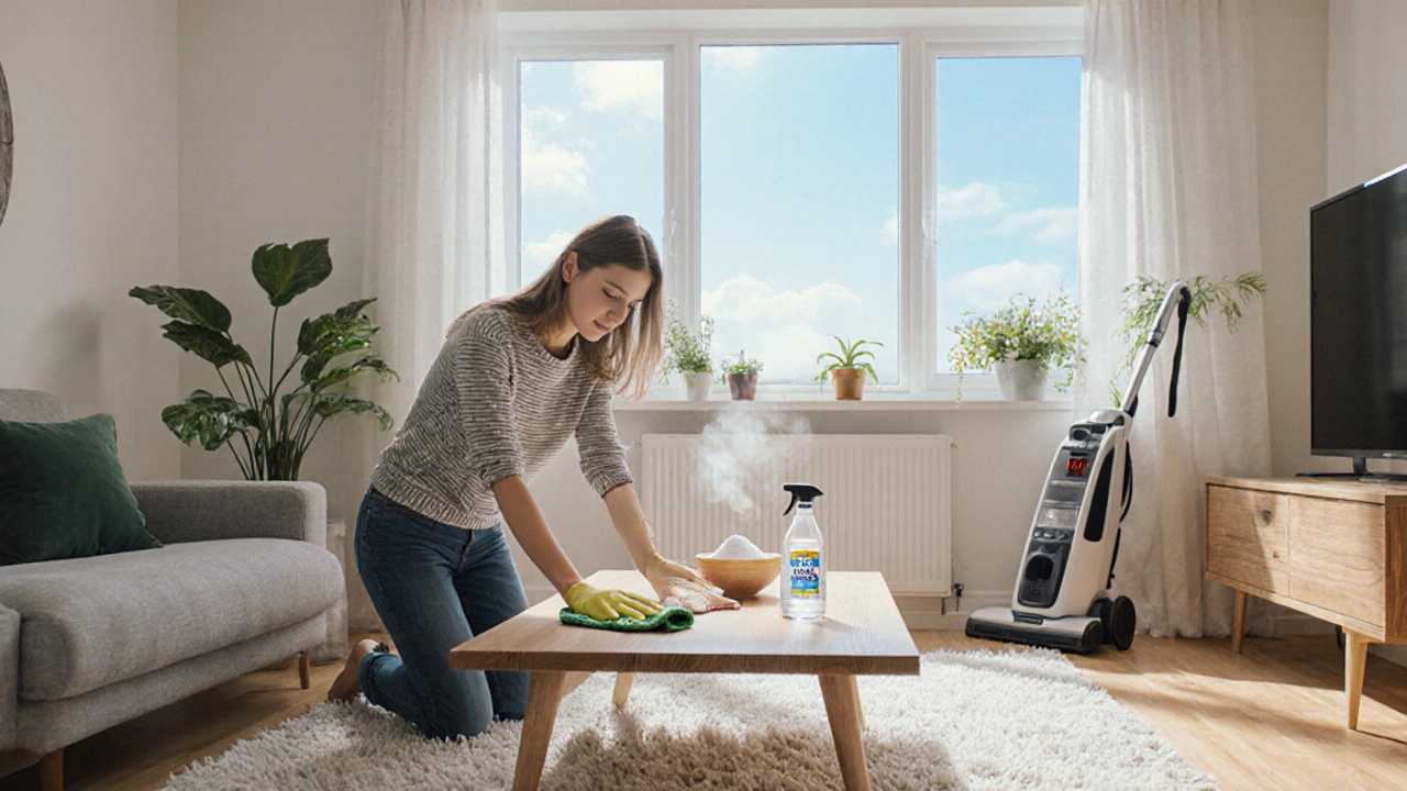 Modern living room being cleaned with eco‑friendly vinegar and baking soda solutions.