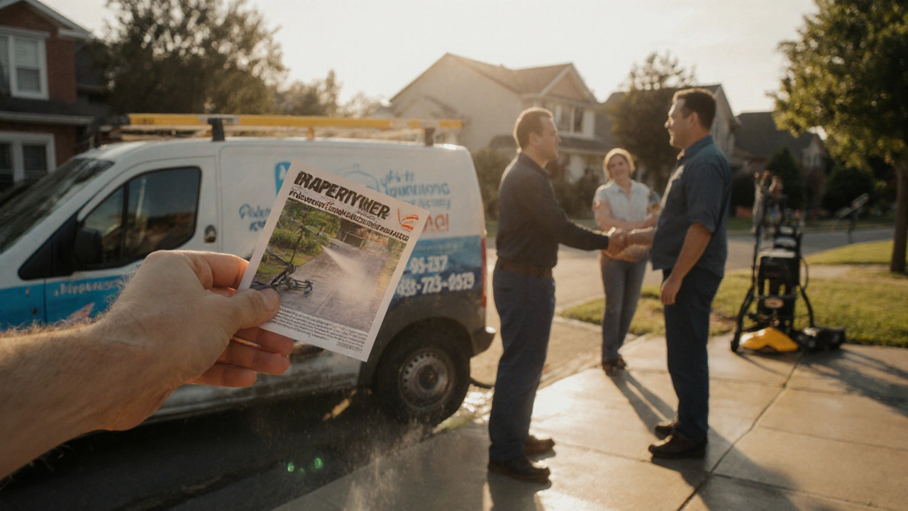 Neighbourhood scene of flyer distribution, van display, and handshake with landscaper.