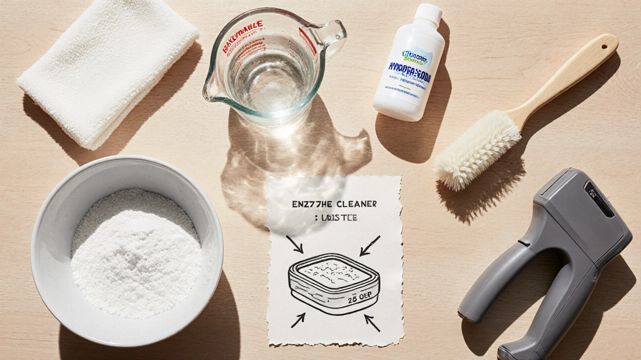 Overhead view of cleaning supplies and DIY mixture ingredients for mattress stains.
