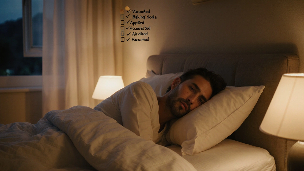 Peaceful sleeper on a fresh, clean mattress with soft lighting and a checklist on the wall.