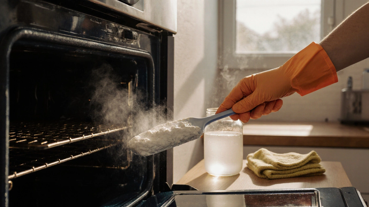 Person applying baking soda paste to oven walls in a well-lit kitchen.