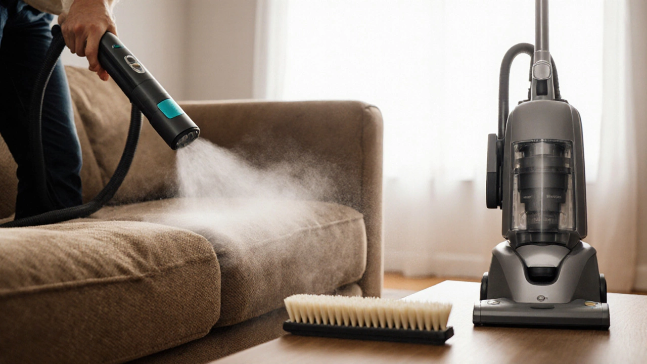 Person steam cleaning a sofa while a brush and vacuum stand ready.