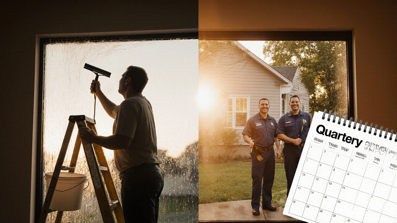 Split view of a dirty DIY‑cleaned window versus a sparkling professionally cleaned window.