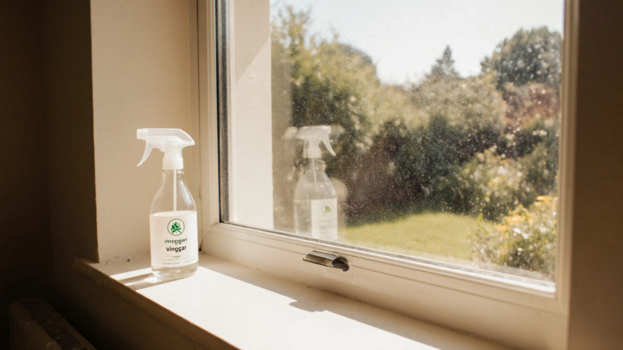 Spotless window illuminated by sunlight, showing the result of a vinegar cleaning.