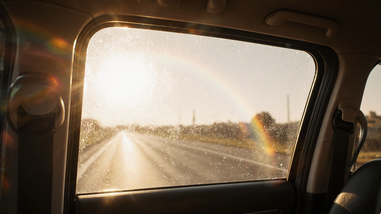 Sunlit car interior showing crystal‑clear window with a faint water‑repellent shine.