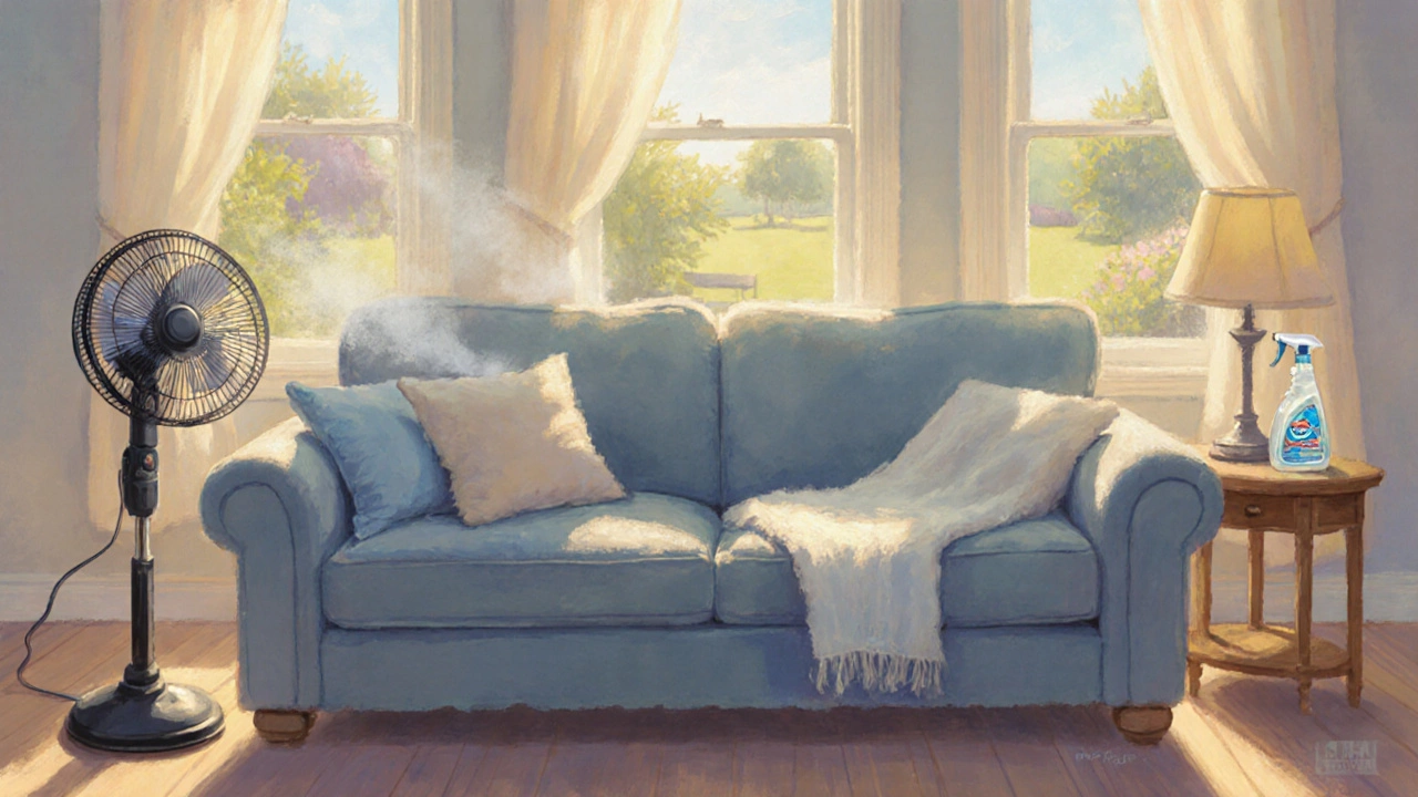 Sunlit living room showing a clean couch, open windows, fan, and protector bottle.