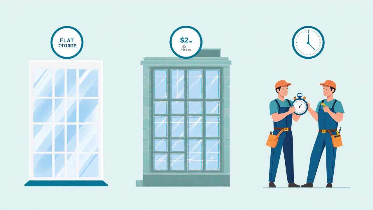 Three side‑by‑side scenes illustrating flat‑rate, square‑metre and hourly window‑cleaning concepts.