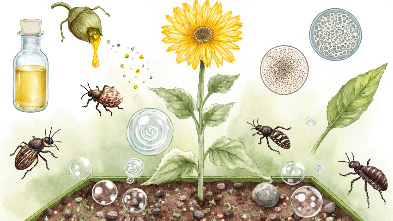 Watercolor of eight natural pesticides depicted as plant parts and powders protecting a garden from pests.