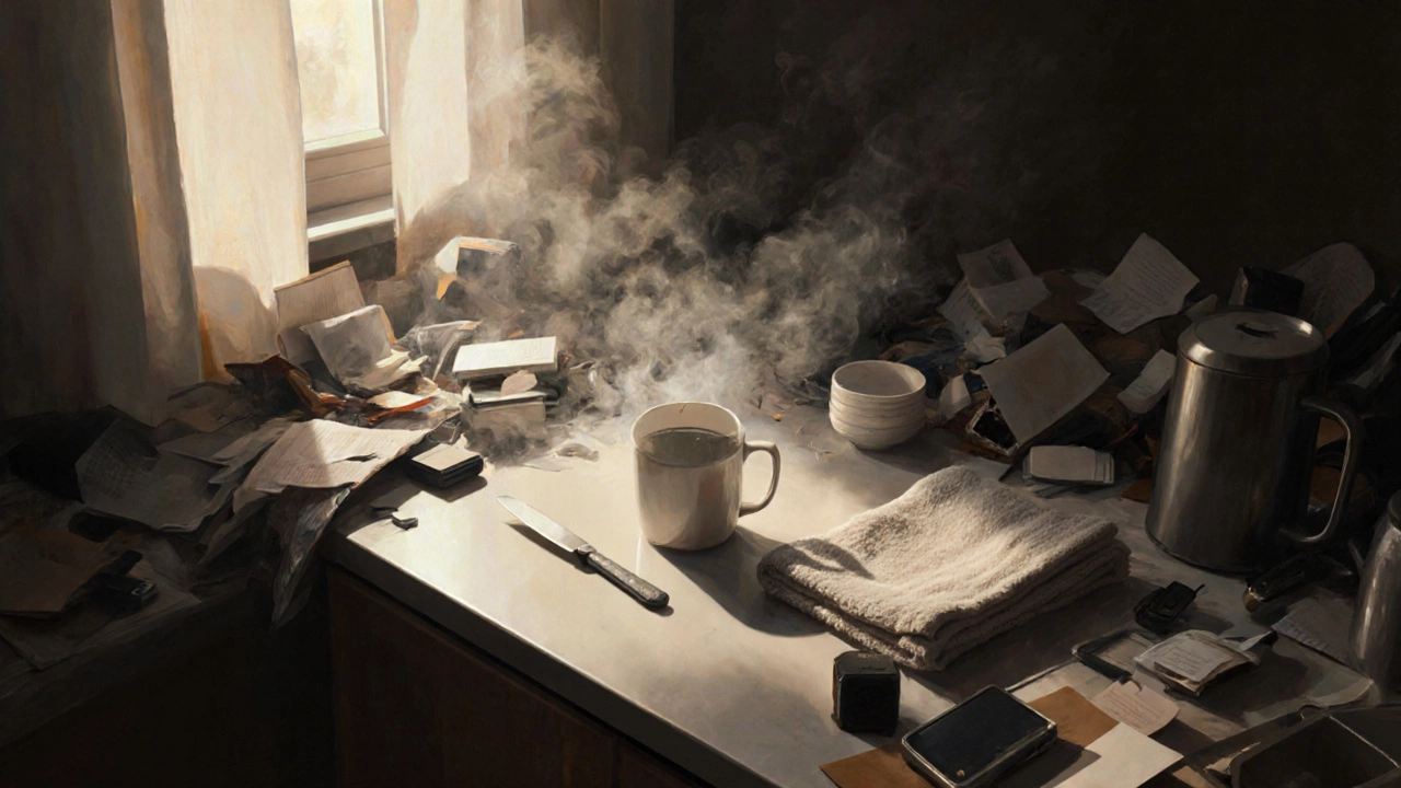 A clean kitchen counter emerges from swirling chaos, symbolizing the power of small, focused cleaning efforts.