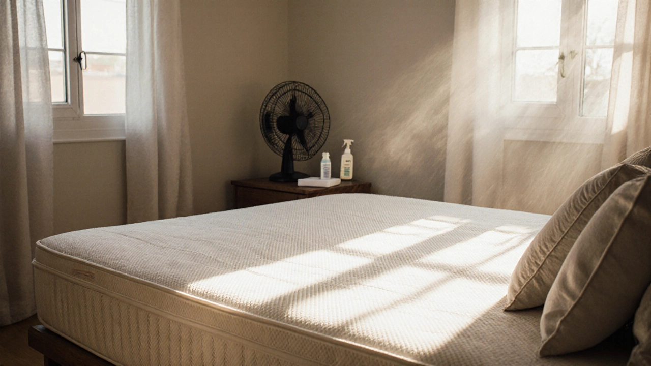 A clean mattress with a waterproof protector in a bright, airy bedroom with a fan and cleaner nearby.