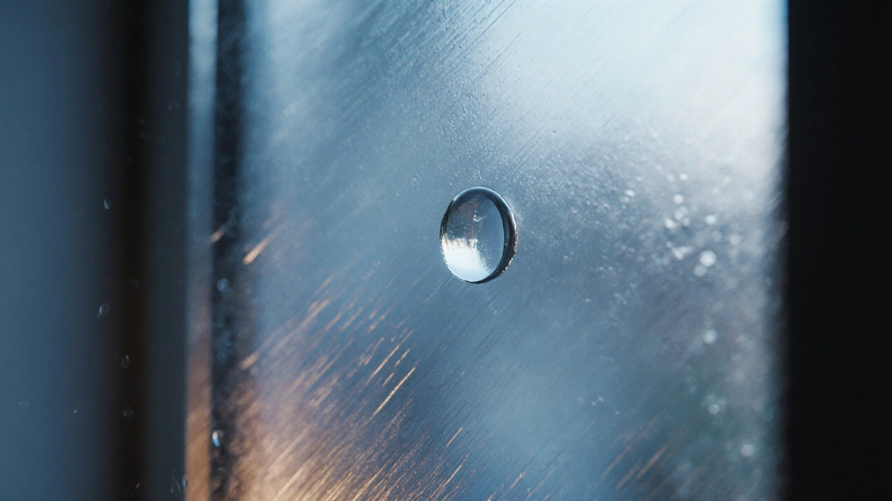 A drop of purified water evaporating cleanly on a coated window while Windex chemicals subtly damage the surface.
