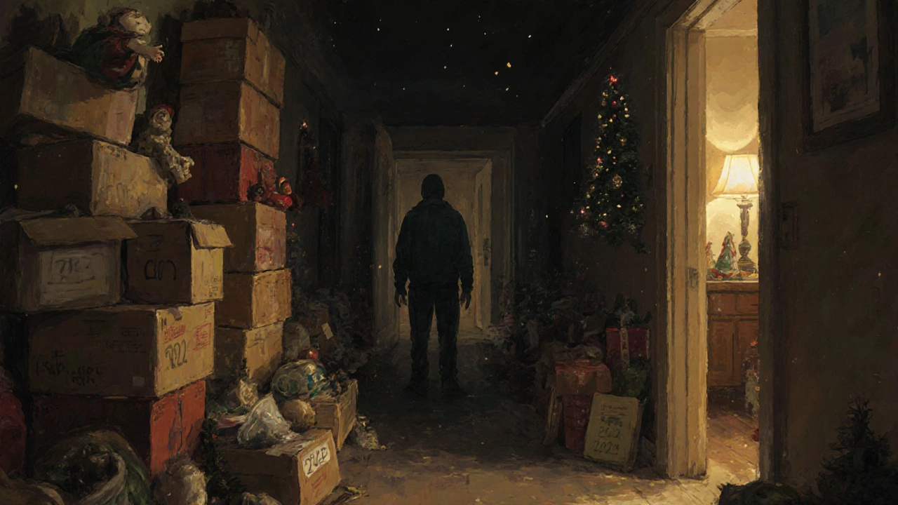 A person trapped in a hallway overwhelmed by boxes and forgotten decorations, with one door leading to a dark junk room.