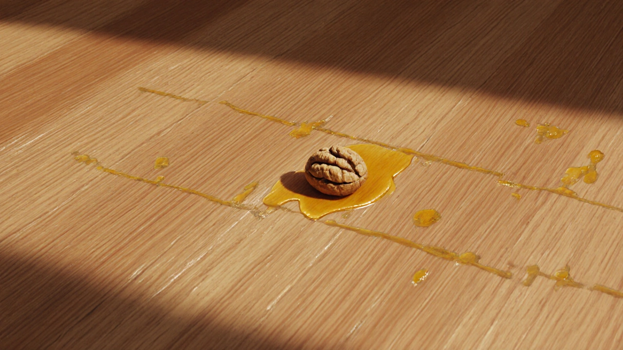 A wooden floor with subtle scratches fading into the grain, a walnut nut resting on one mark.