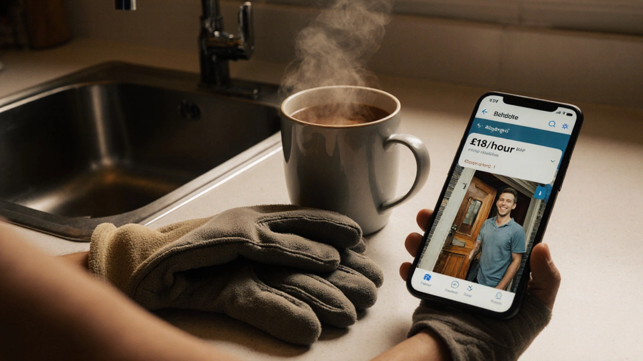 Clean work gloves and a phone showing a pay rate update beside a steaming mug in a kitchen.