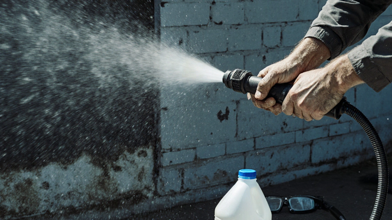 Close-up of tired hands holding a pressure washer nozzle, water and mold particles spraying into the air.