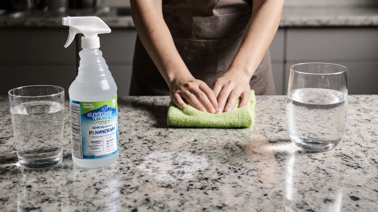 Granite countertop damaged by vinegar, with proper cleaner nearby.