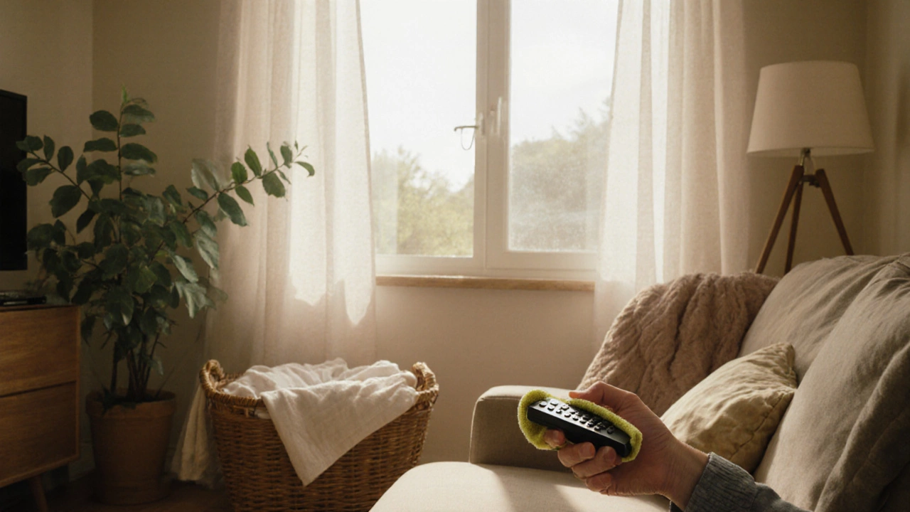 Hand wiping a remote control with alcohol cloth in a sunlit living room, laundry basket and open window in background.
