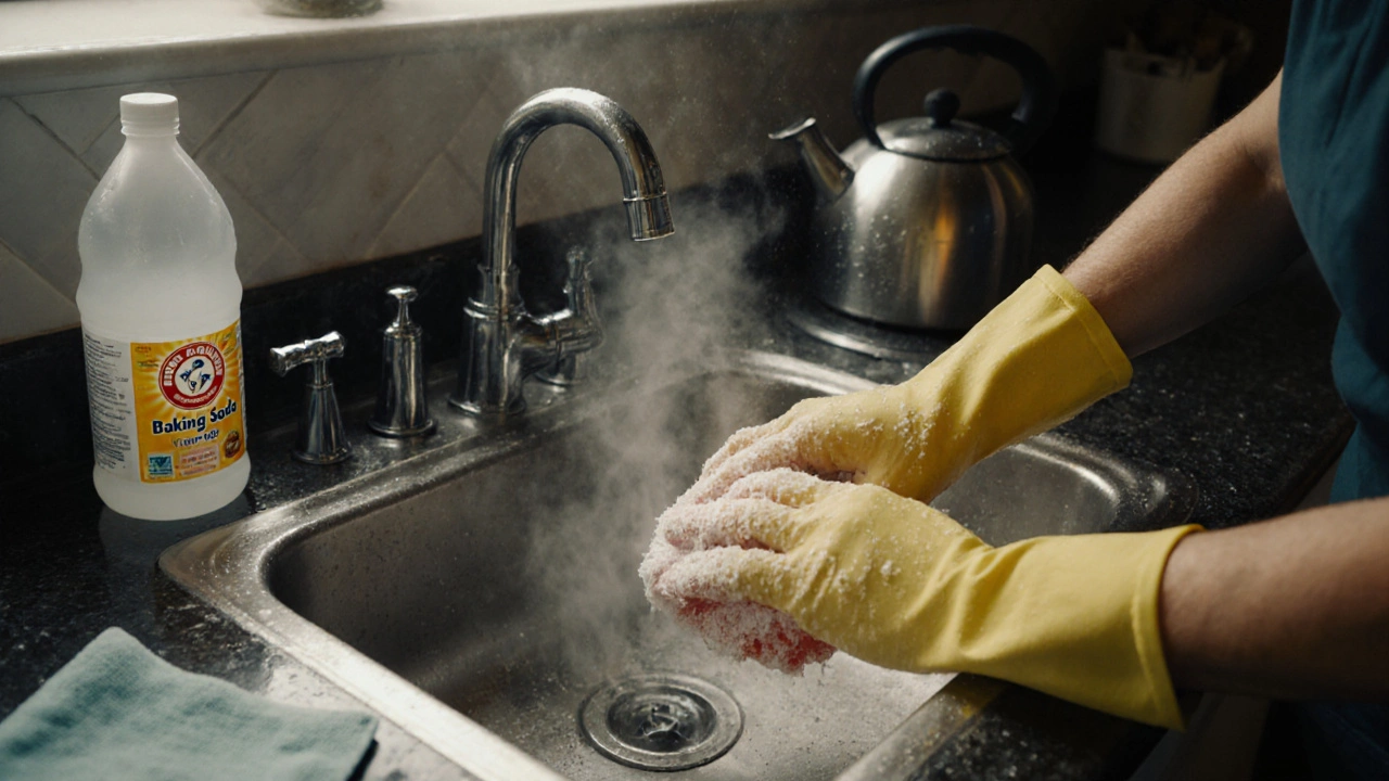 Hands scrubbing a kitchen sink with baking soda and vinegar, steam rising.