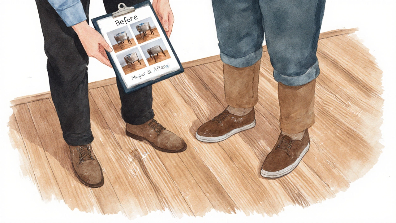 Landlord comparing before-and-after photos of wood floor damage versus normal wear.