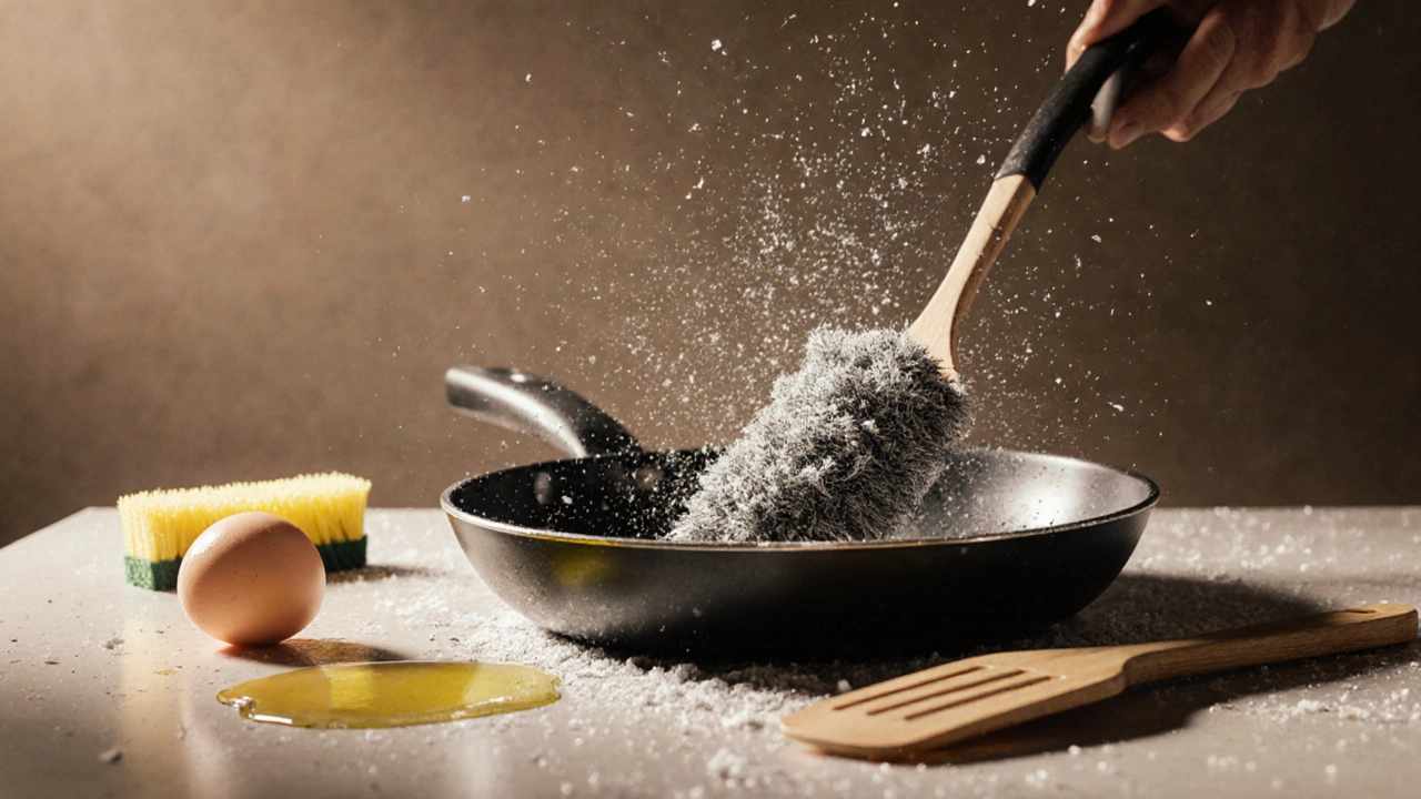 Non-stick pan being scratched by steel wool, coating flaking into food.