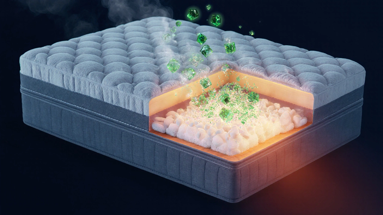 Scientific cross-section showing enzyme molecules breaking down urine crystals inside mattress layers.