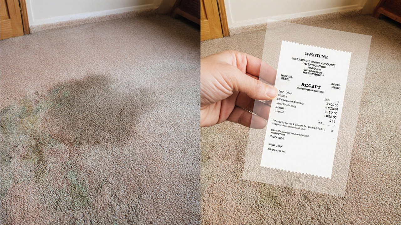Side-by-side view of a carpet’s condition at move-in versus move-out, highlighting natural wear versus unjust replacement claims.