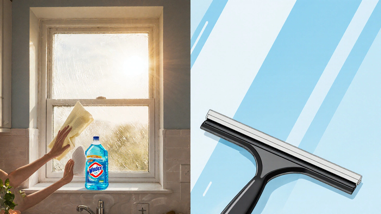 Side-by-side: Windex leaving streaks on a home window vs. professional cleaning with purified water and squeegee.