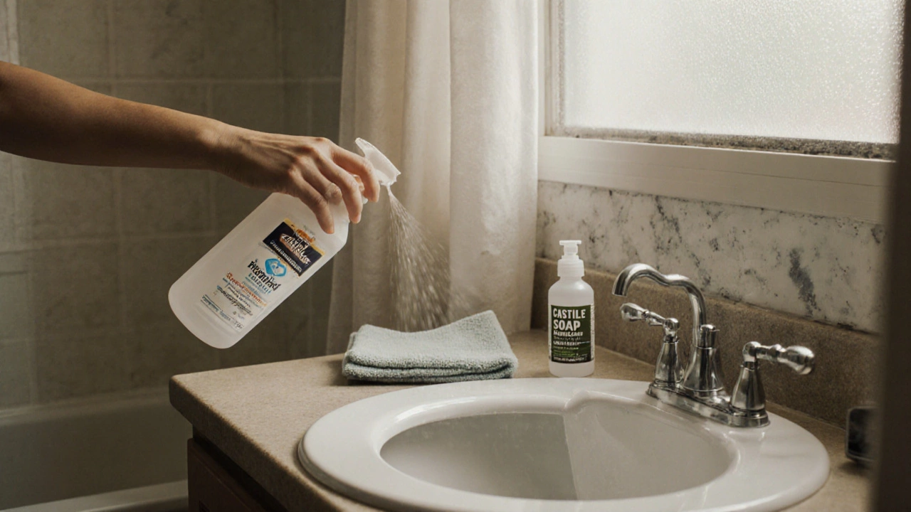 Someone spraying hydrogen peroxide on a bathroom faucet and toilet seat, with castile soap and cloth on counter.