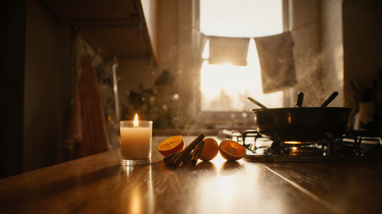 Sunlit clean home with candle, simmering spices, and drying laundry by a window.